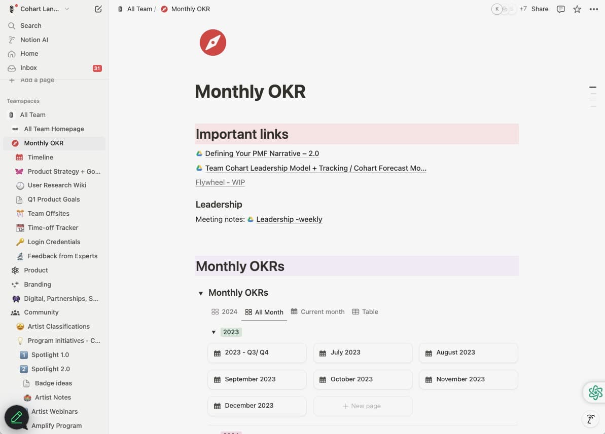 Cohart uses Notion to track and update their OKRs