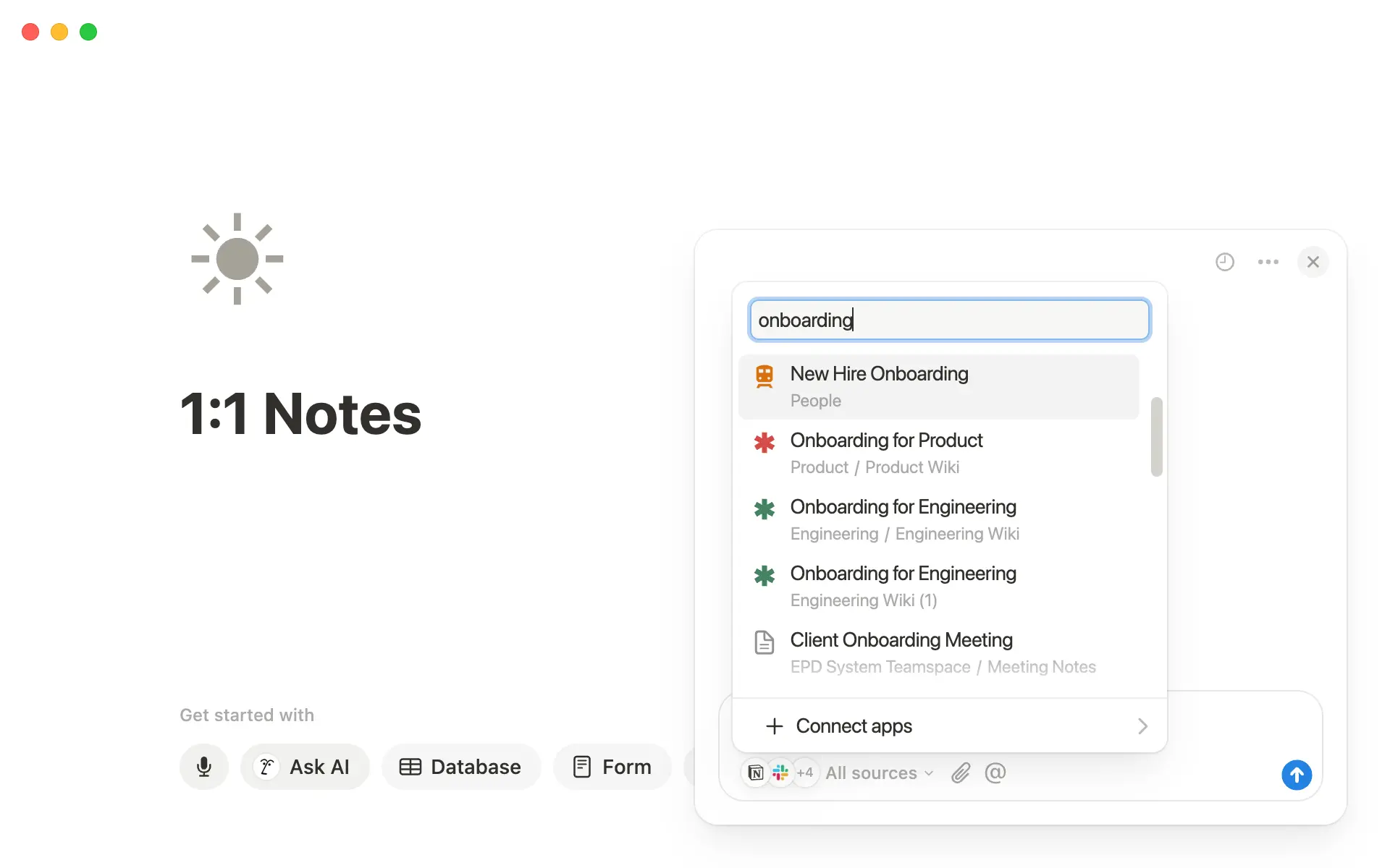 Use the source picker to select specific documents so Notion AI can surface answers based on their context.