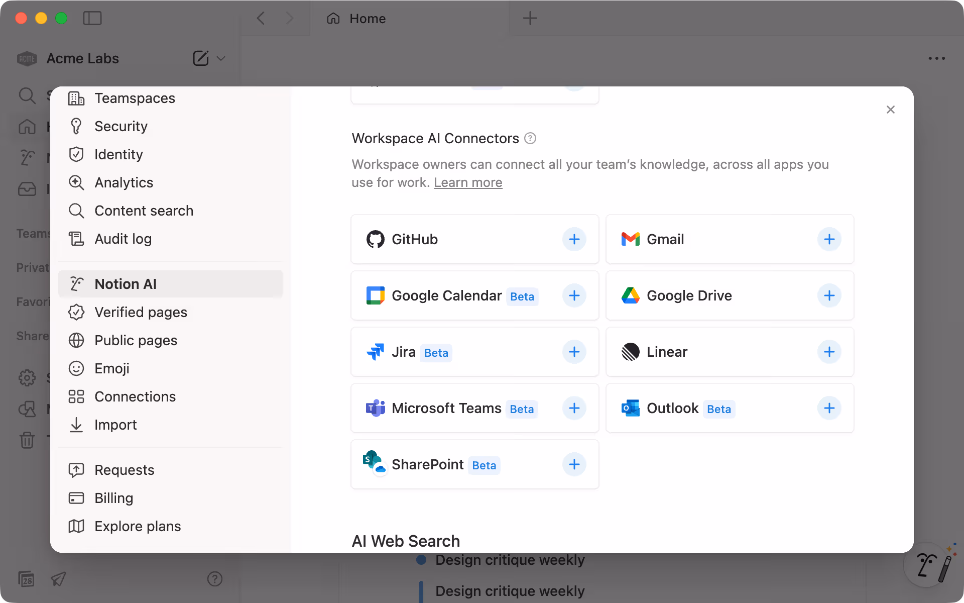 Explore and set up AI connectors from your workspace settings.