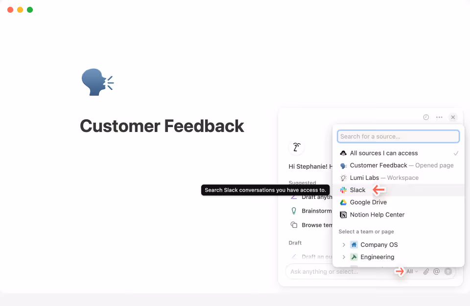 Click on the three-dot menu in the top-right corner of the Notion AI chat to connect to Slack.