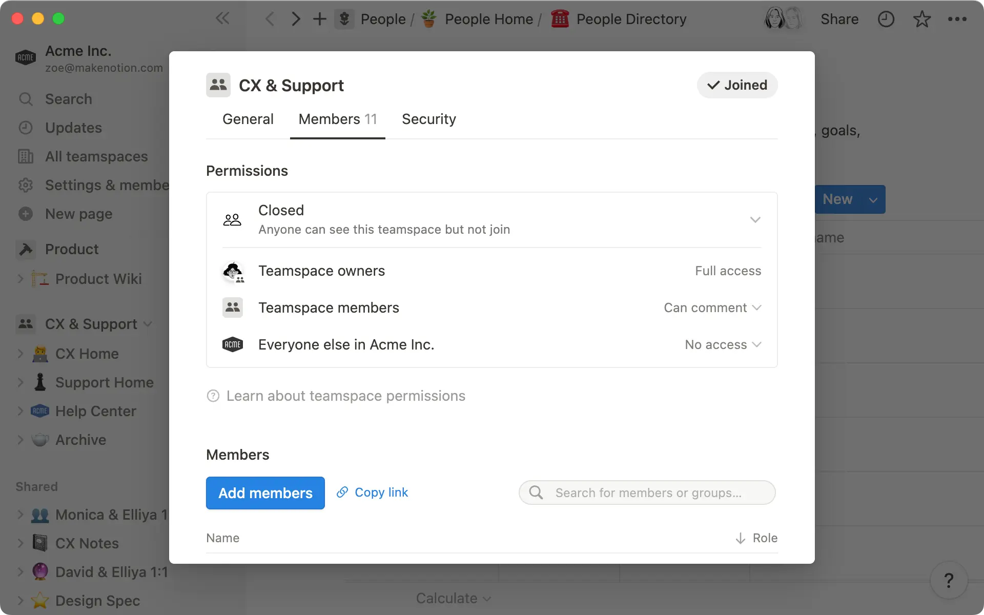 Teamspaces permissions and groups hero
