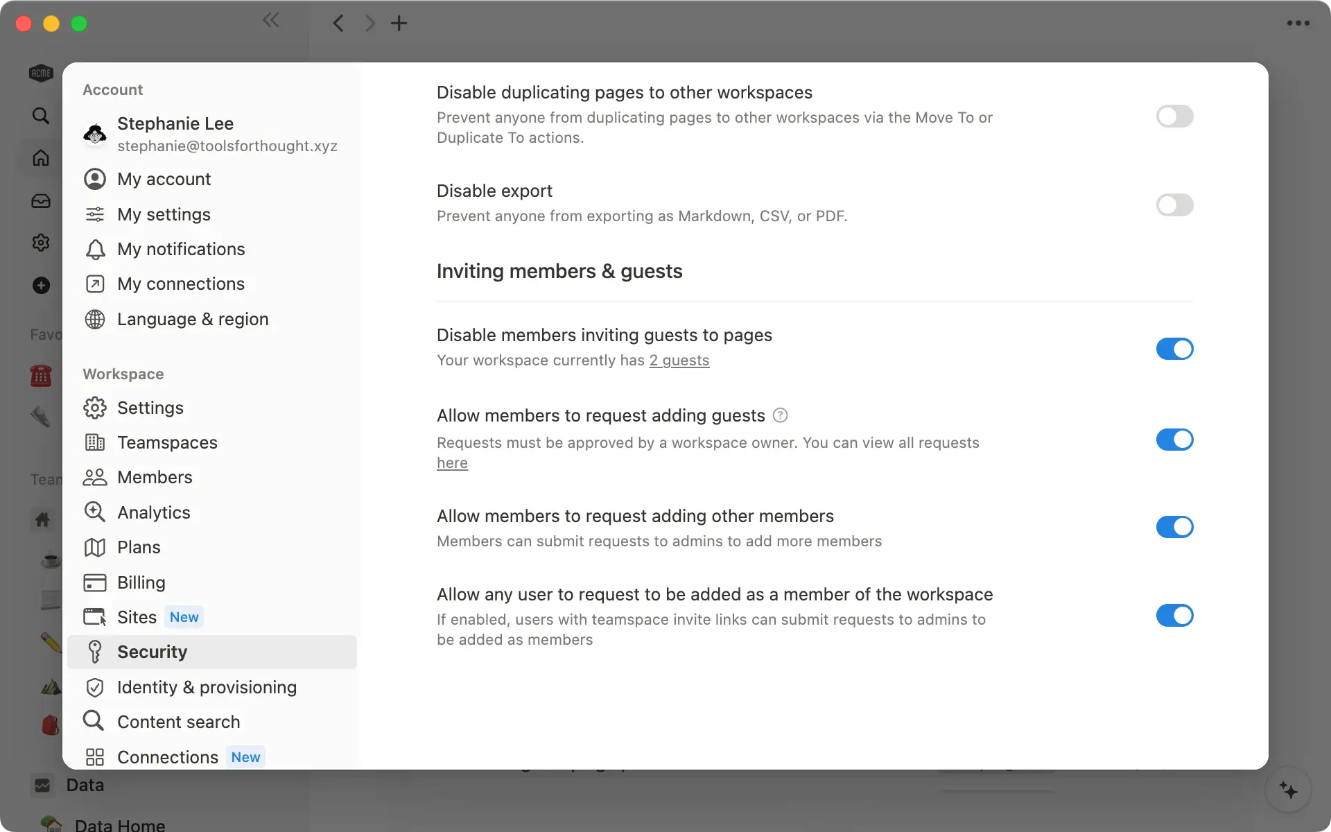 Workspace owners can decide who should be able to add guests and how in "Security".