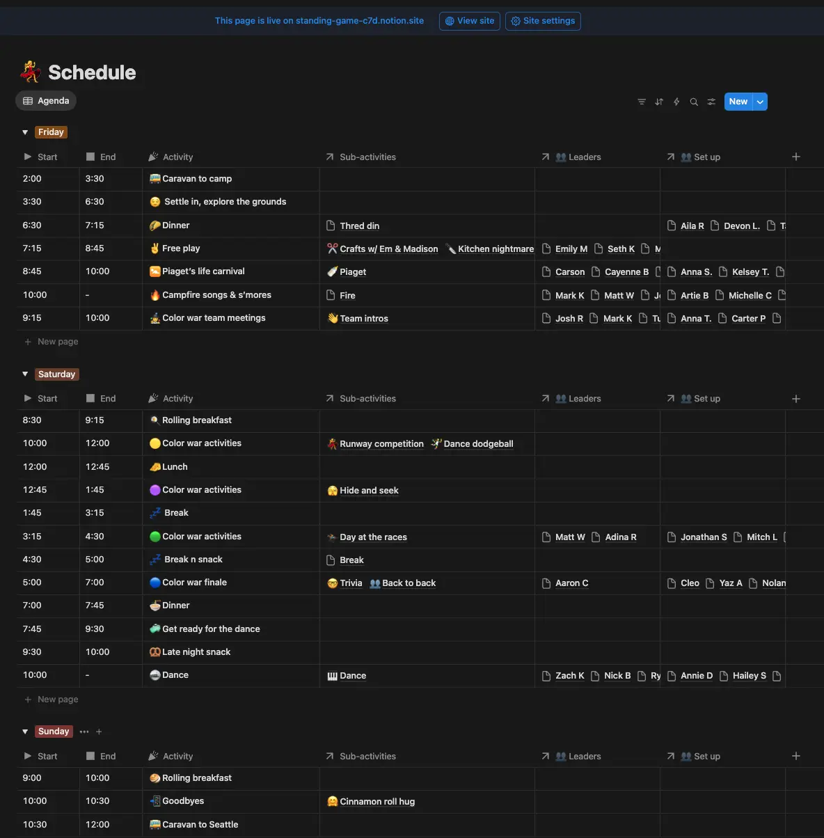 Aaron built a schedule in Notion that keeps him updated on every activity, time, and person in charge.