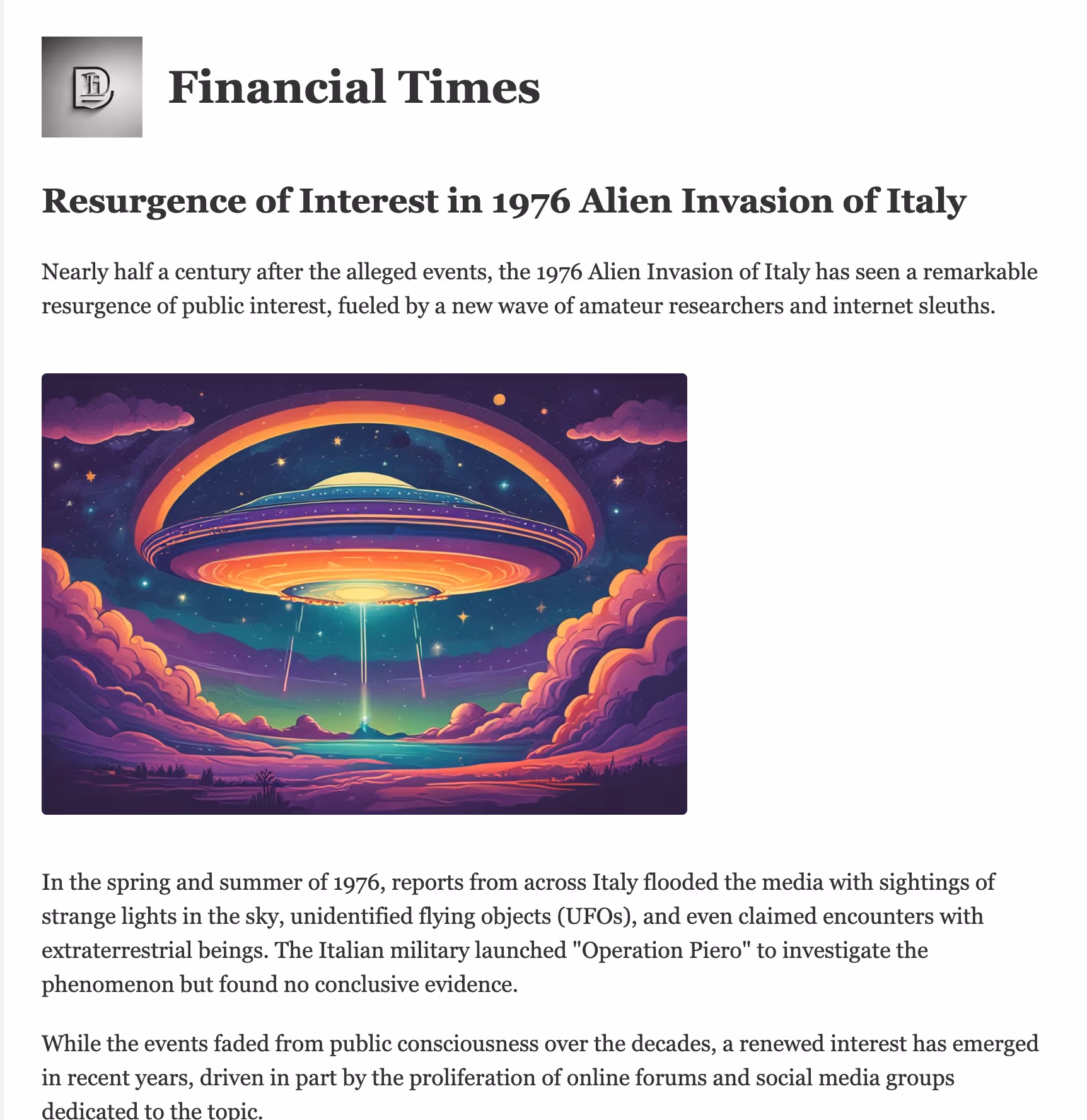 Article on the fictional alien invasion in the Financial Times