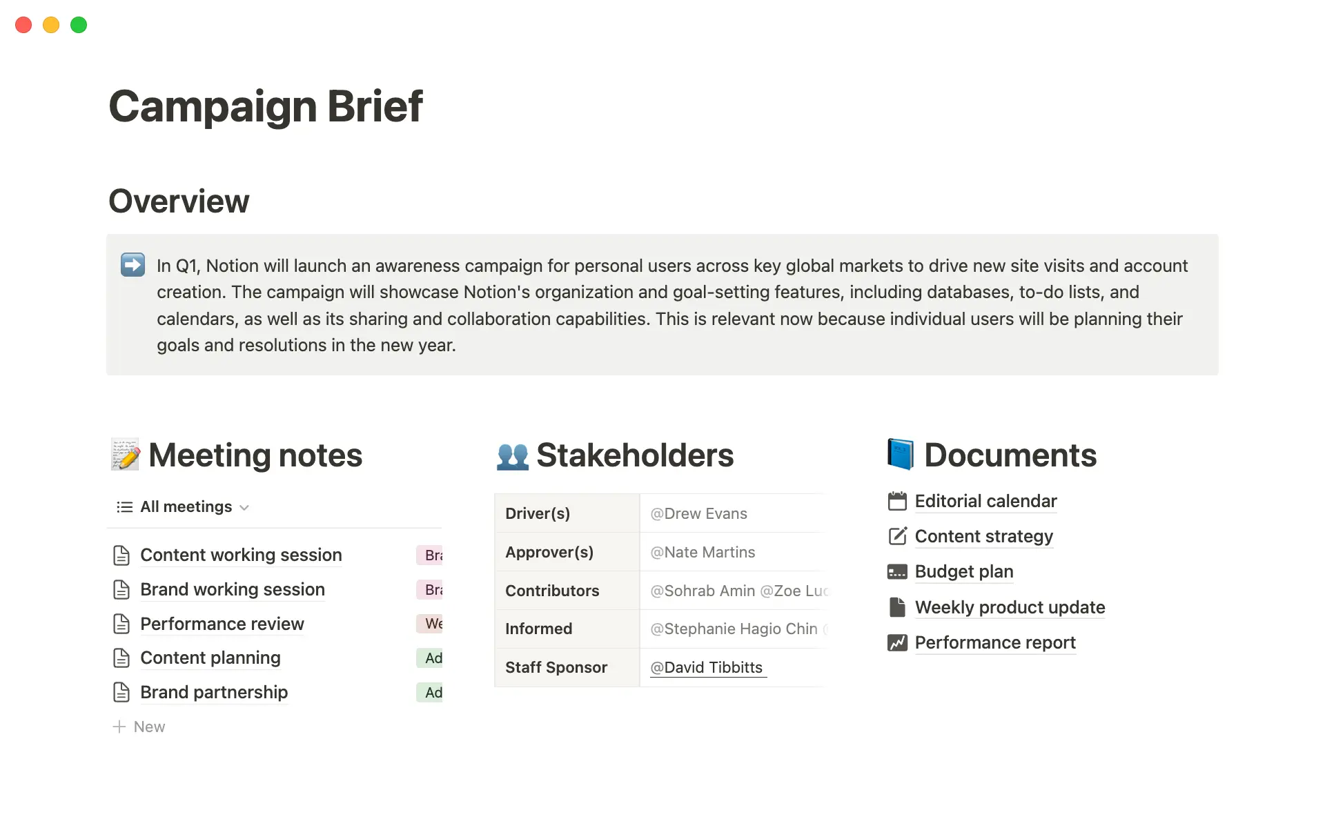 The campaign brief overview includes a summary, meeting notes, stakeholders, and documents.