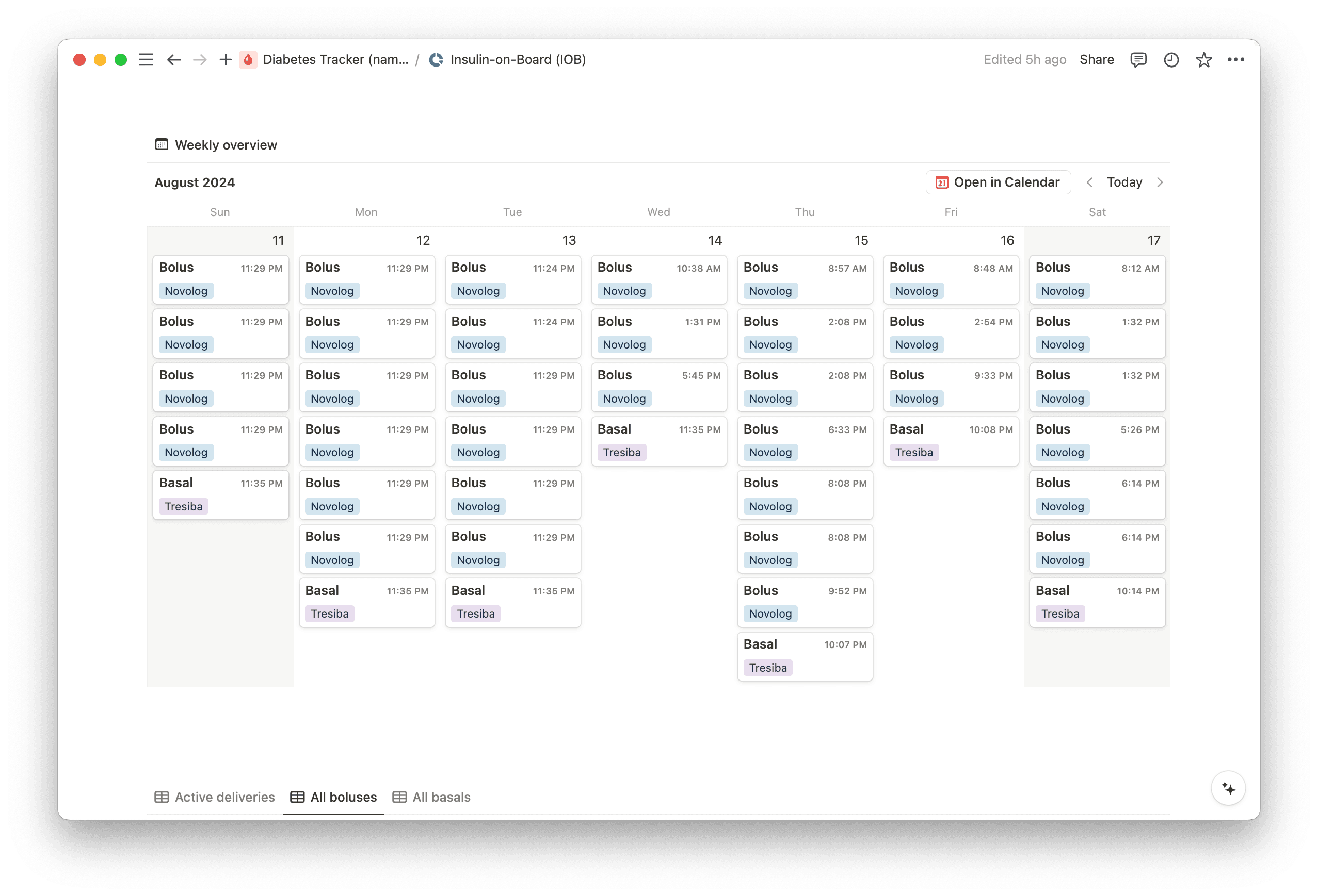 My calendar view helps me reliably track my insulin intake.