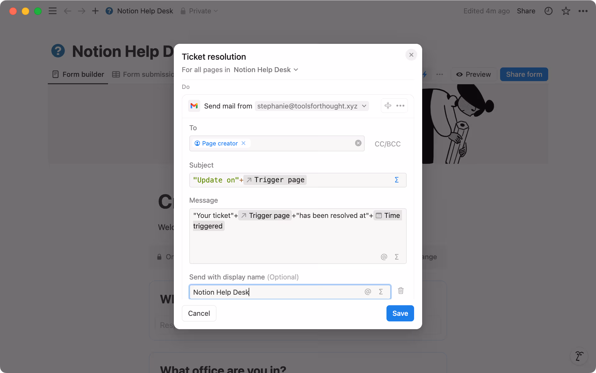 Customize the 'subject' and 'message' sections of your notification using formulas