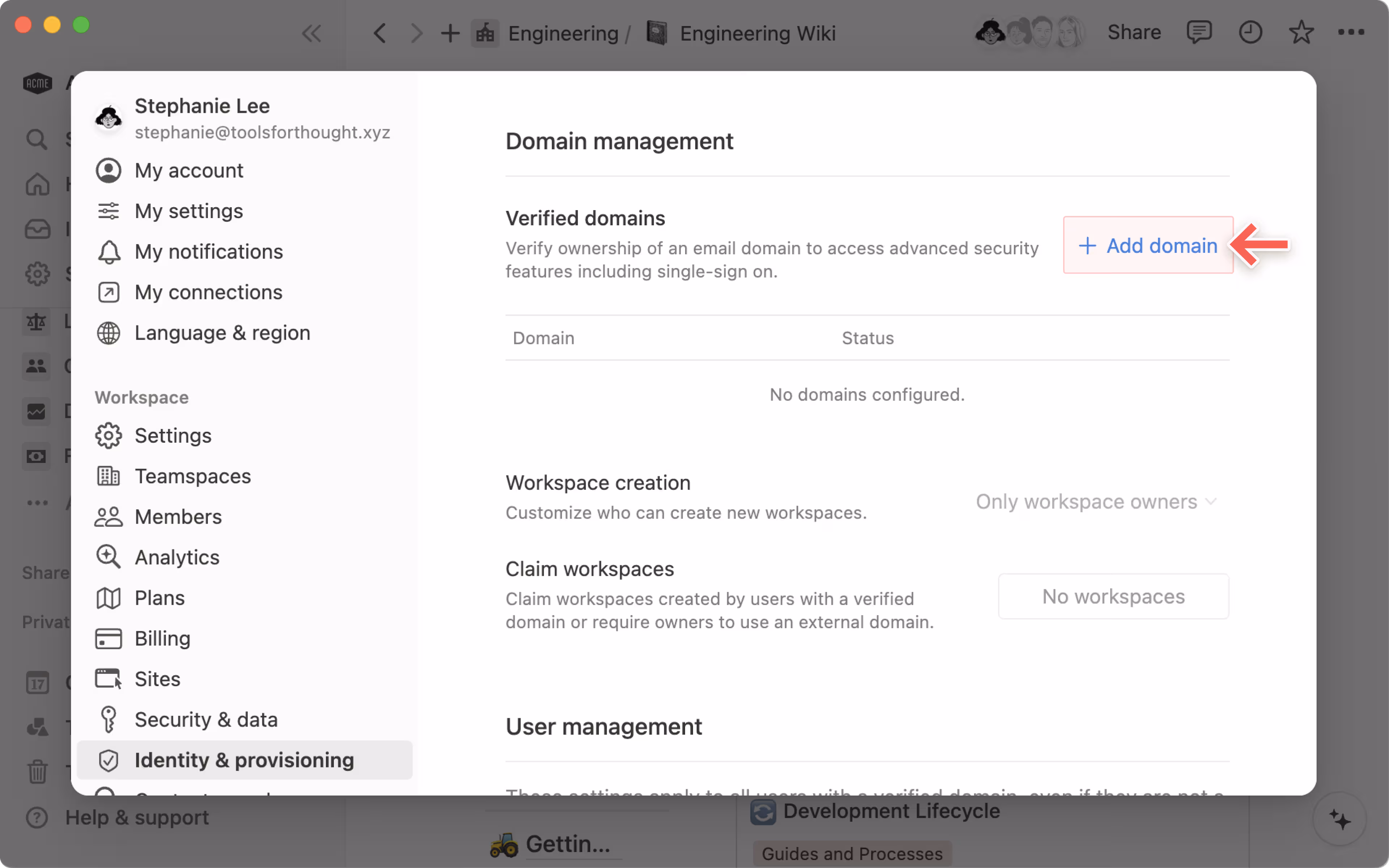 Select Add domain from the Identity settings sidebar to verify a domain for your workspace.