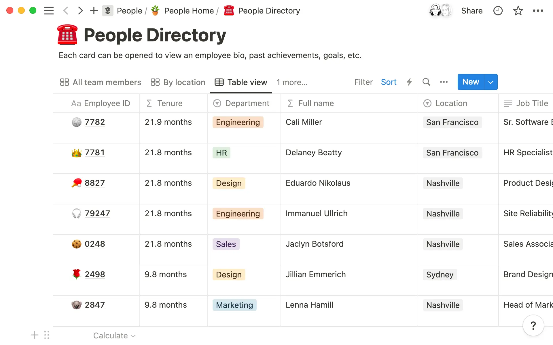 Use formulas to calculate employee tenure and names.