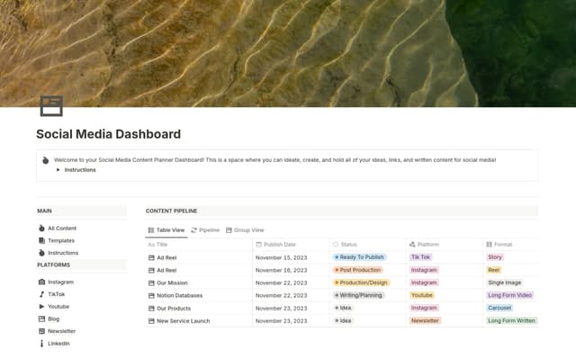 Notion Social Media Content Planner | Youtube | Newsletters | Instagram | Tik Tok